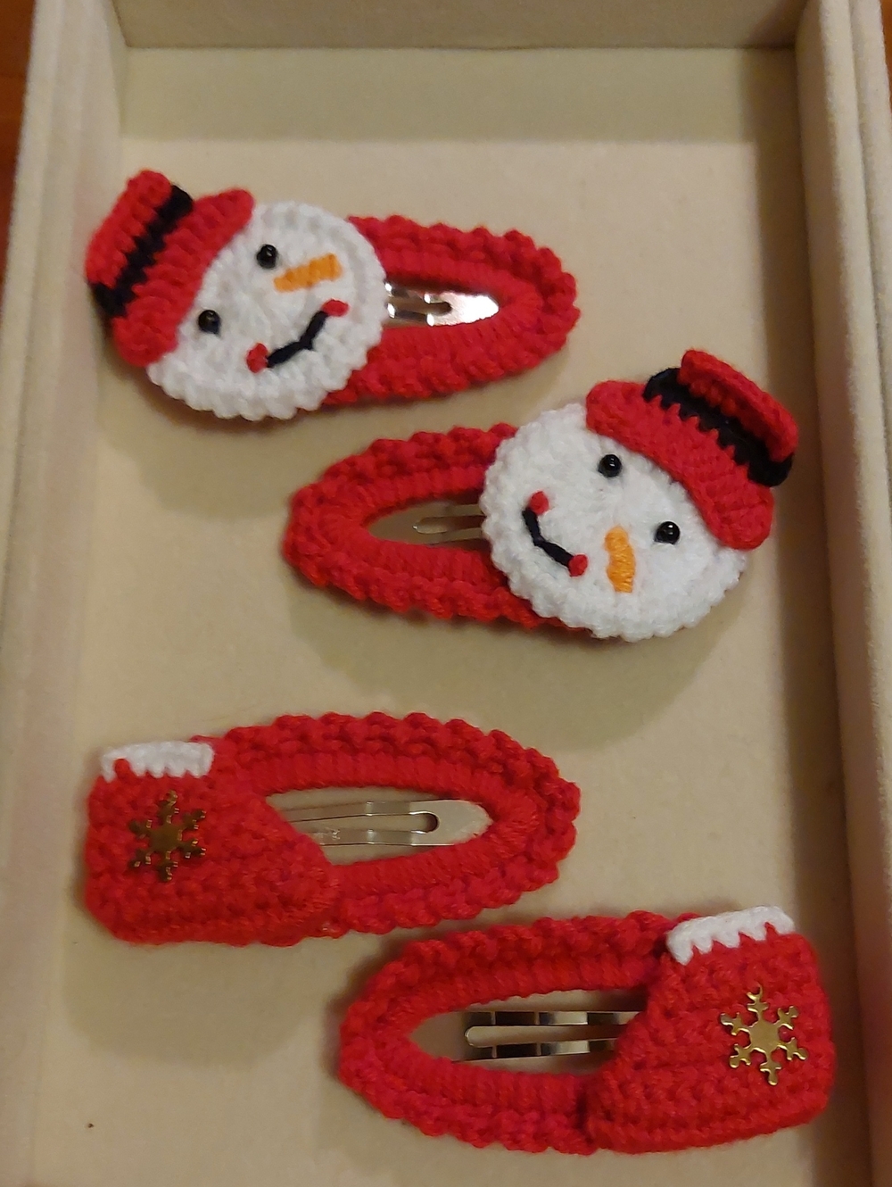 2 Pairs Handmade Crochet Christmas Hair Clips – Snowman & Stocking Lot